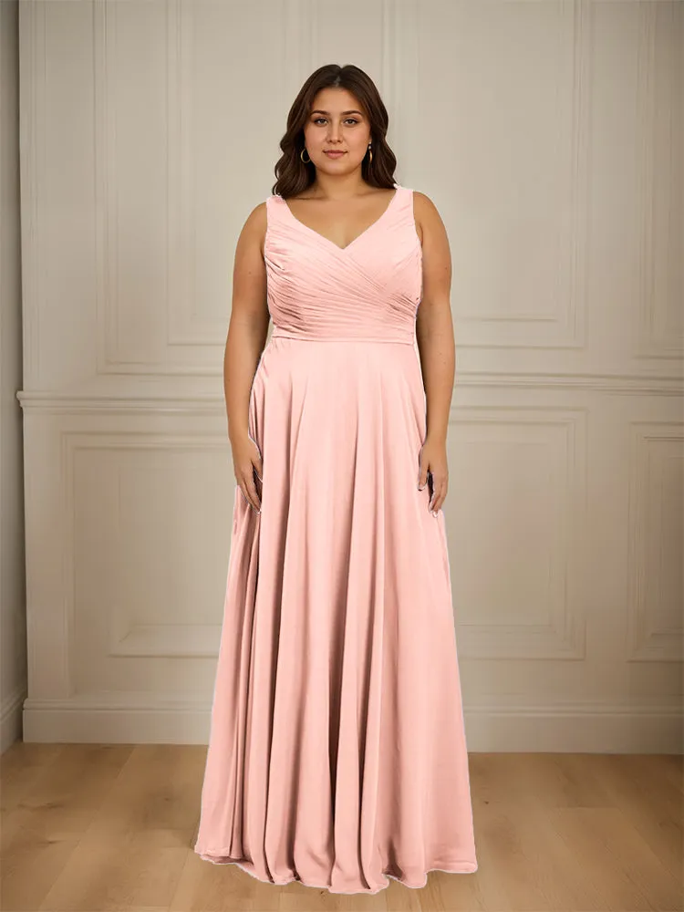 Ruched V Neck Plus Size Floor Length Bridesmaid Dresses