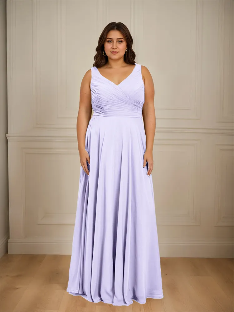 Ruched V Neck Plus Size Floor Length Bridesmaid Dresses