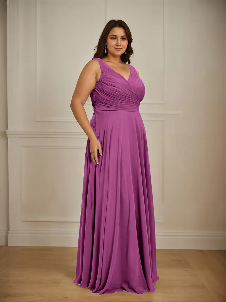 Ruched V Neck Plus Size Floor Length Bridesmaid Dresses