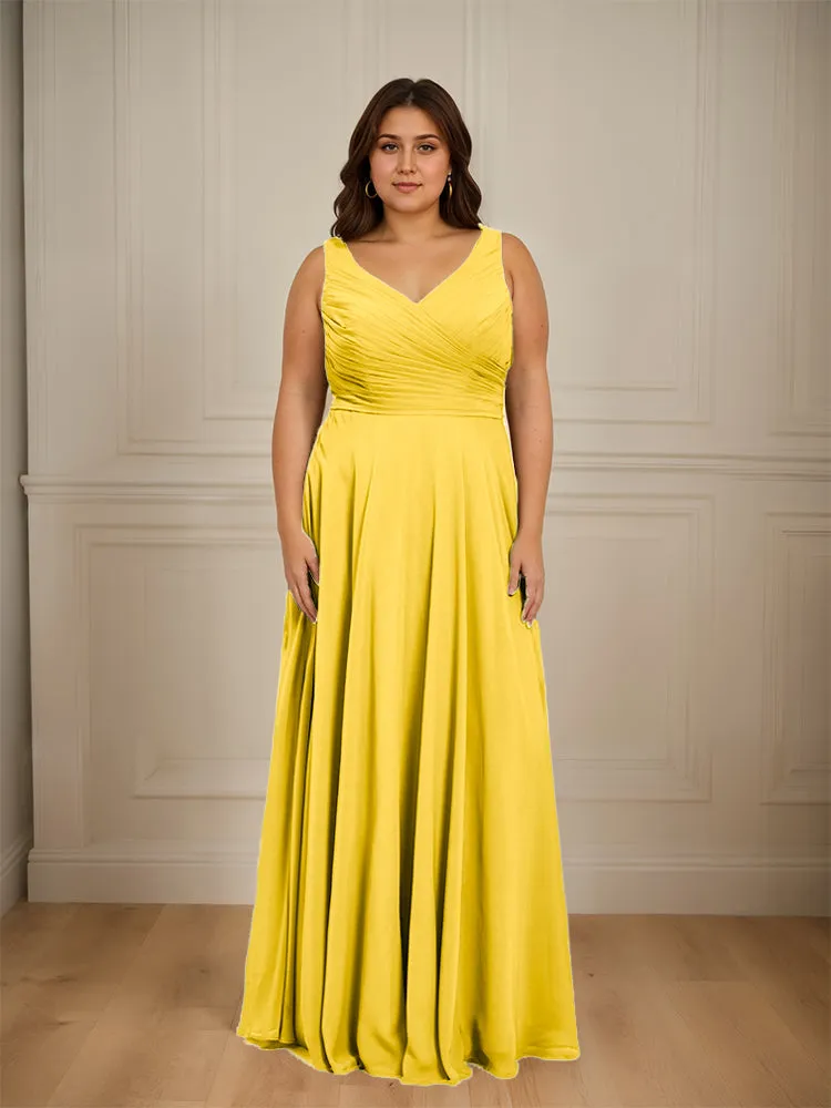 Ruched V Neck Plus Size Floor Length Bridesmaid Dresses