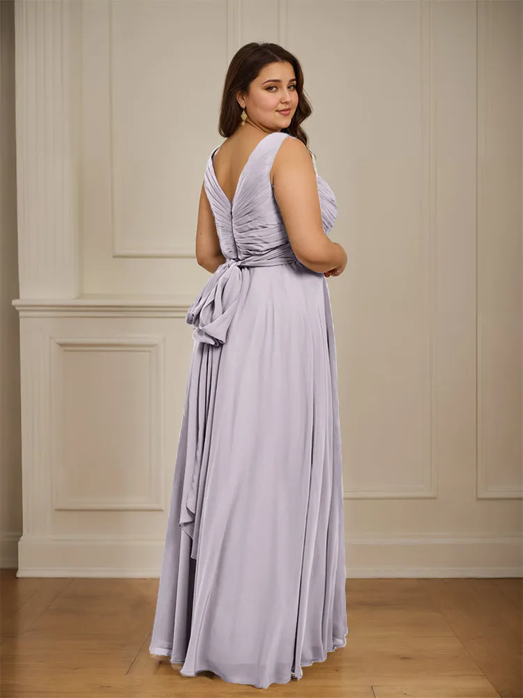 Ruched V Neck Plus Size Floor Length Bridesmaid Dresses