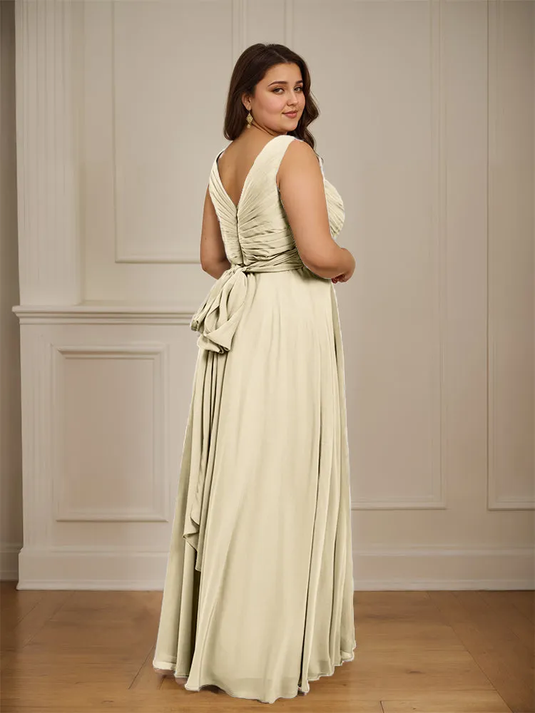 Ruched V Neck Plus Size Floor Length Bridesmaid Dresses