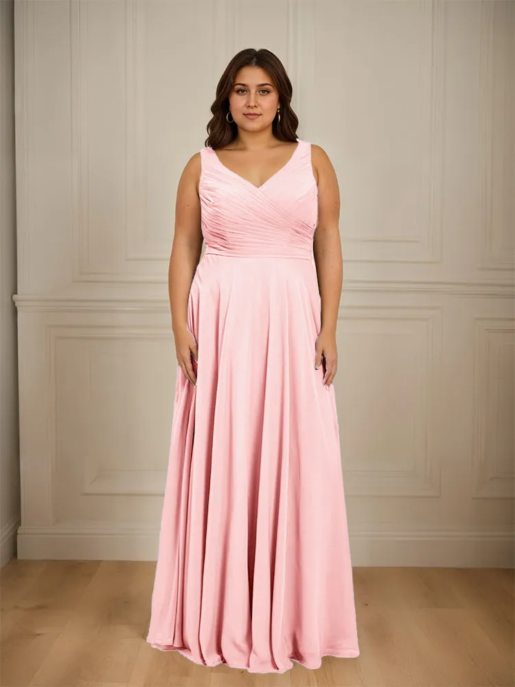 Ruched V Neck Plus Size Floor Length Bridesmaid Dresses