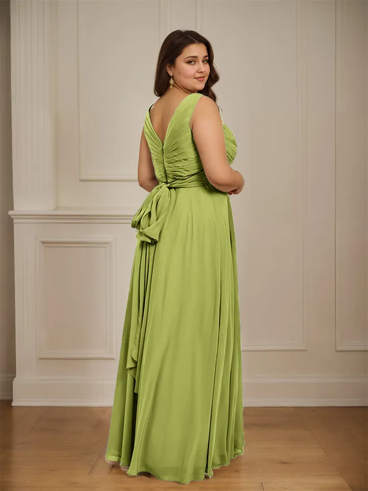Ruched V Neck Plus Size Floor Length Bridesmaid Dresses