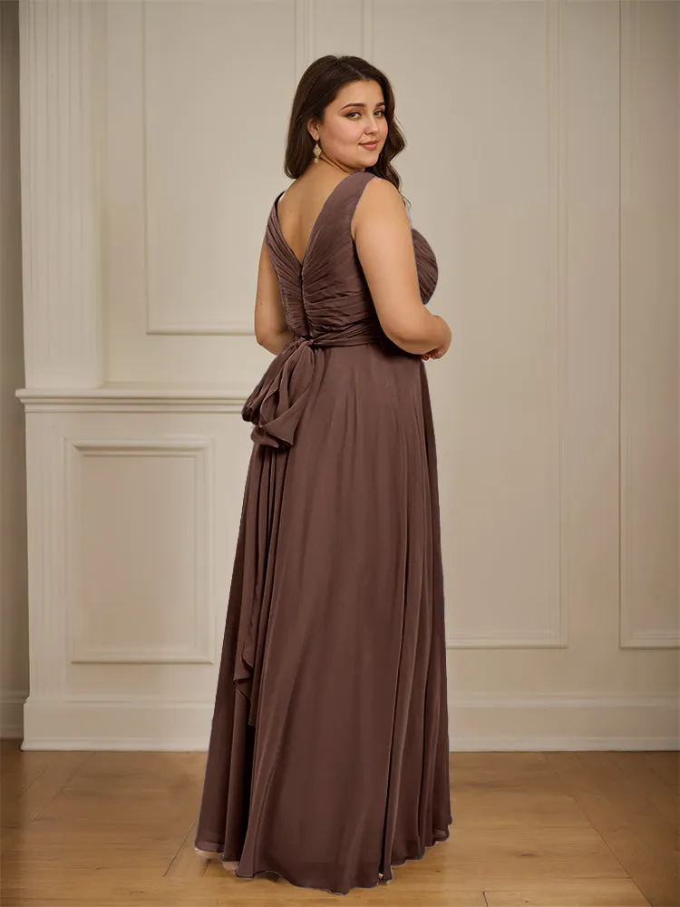 Ruched V Neck Plus Size Floor Length Bridesmaid Dresses