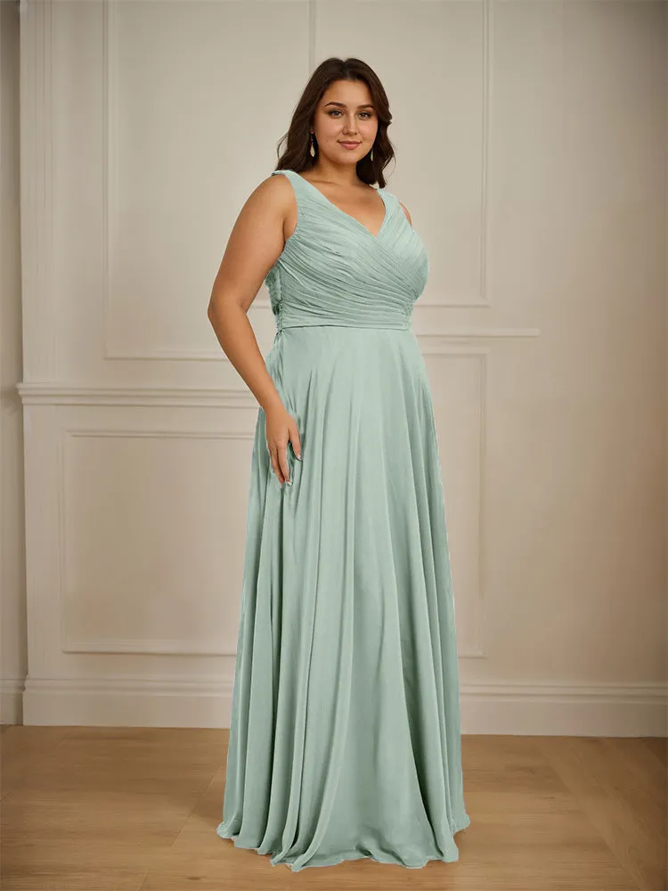 Ruched V Neck Plus Size Floor Length Bridesmaid Dresses