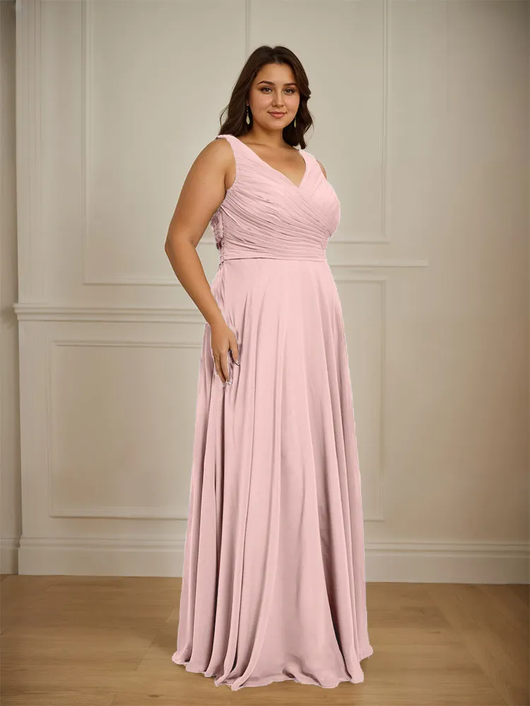 Ruched V Neck Plus Size Floor Length Bridesmaid Dresses