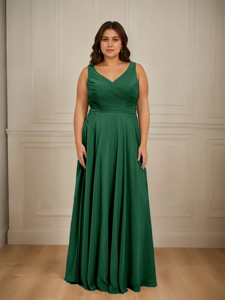 Ruched V Neck Plus Size Floor Length Bridesmaid Dresses