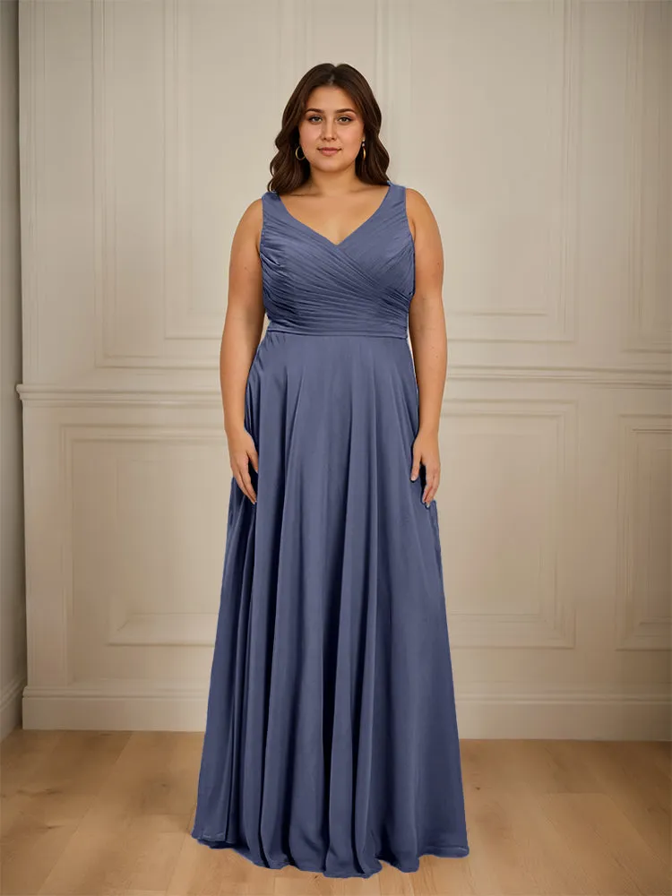 Ruched V Neck Plus Size Floor Length Bridesmaid Dresses