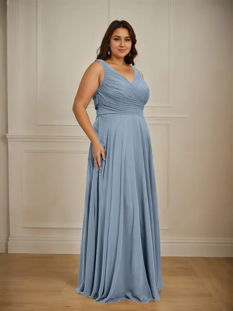 Ruched V Neck Plus Size Floor Length Bridesmaid Dresses