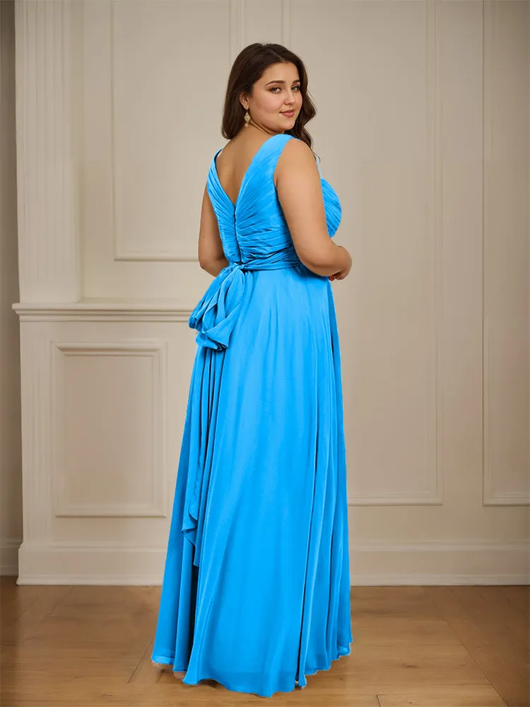Ruched V Neck Plus Size Floor Length Bridesmaid Dresses