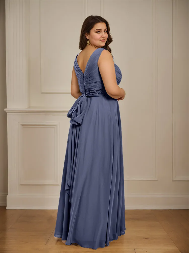Ruched V Neck Plus Size Floor Length Bridesmaid Dresses