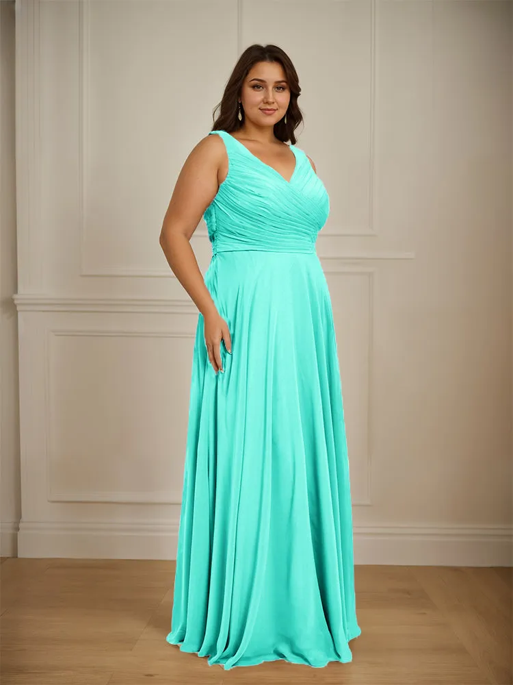 Ruched V Neck Plus Size Floor Length Bridesmaid Dresses