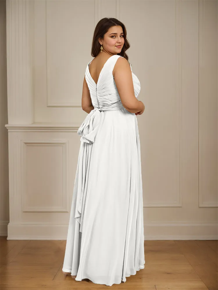 Ruched V Neck Plus Size Floor Length Bridesmaid Dresses