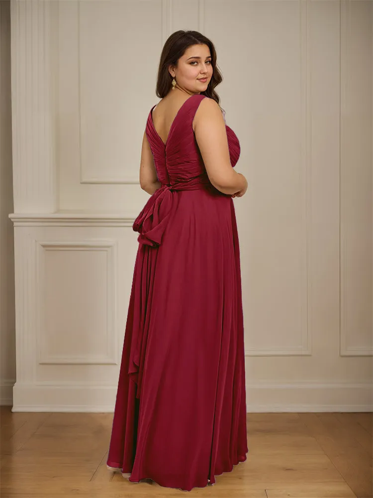 Ruched V Neck Plus Size Floor Length Bridesmaid Dresses