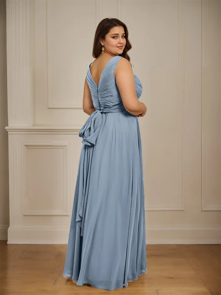 Ruched V Neck Plus Size Floor Length Bridesmaid Dresses