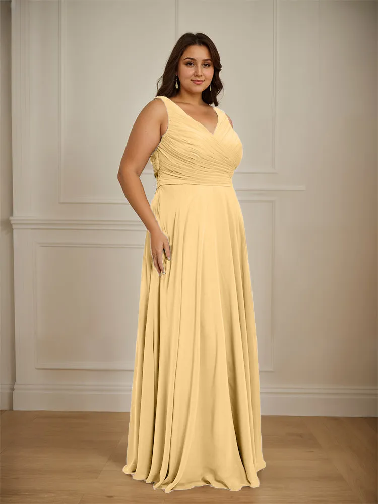 Ruched V Neck Plus Size Floor Length Bridesmaid Dresses