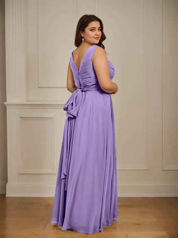 Ruched V Neck Plus Size Floor Length Bridesmaid Dresses