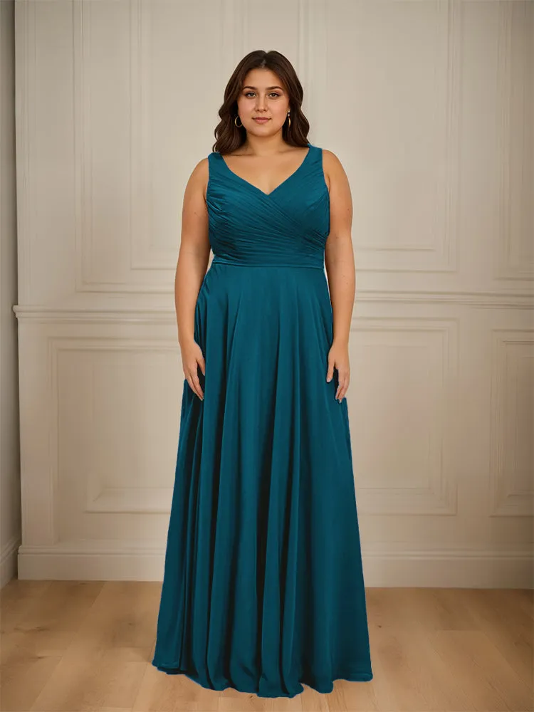 Ruched V Neck Plus Size Floor Length Bridesmaid Dresses