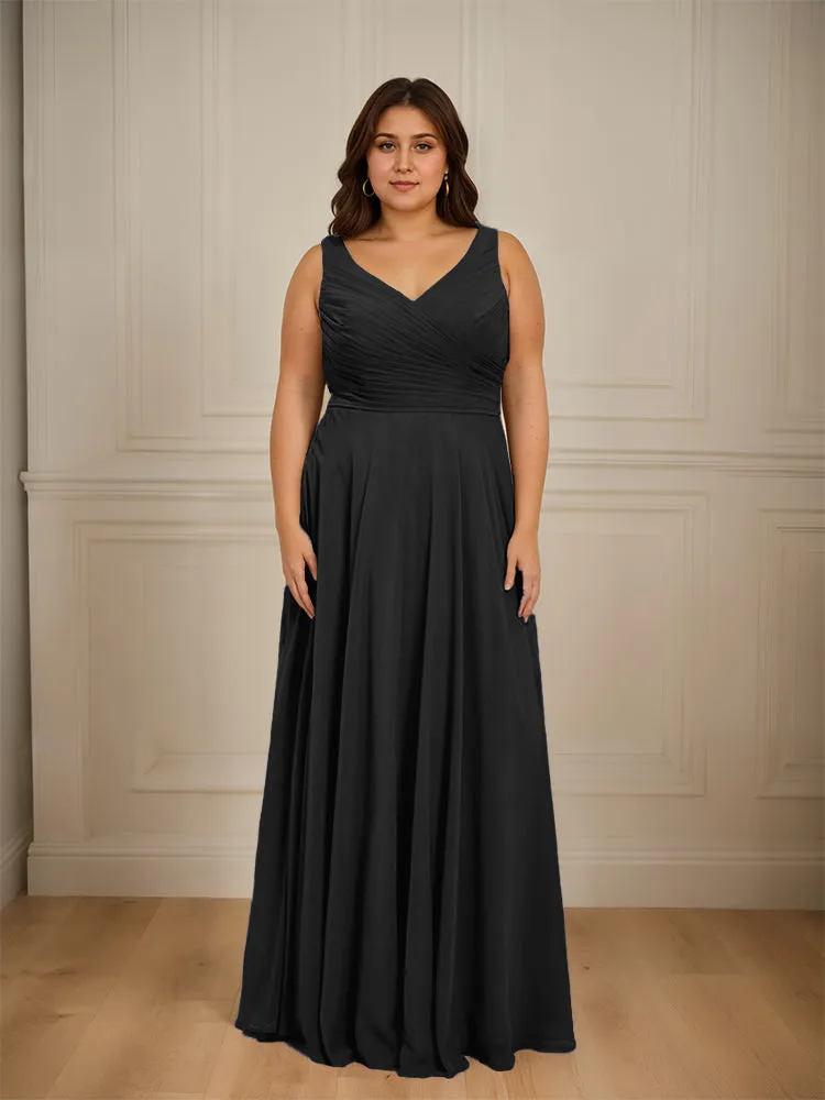 Ruched V Neck Plus Size Floor Length Bridesmaid Dresses