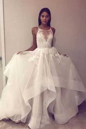 Ruffled 2019 Style Wedding Dress with Lace Illusion Bodice