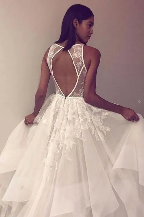 Ruffled 2019 Style Wedding Dress with Lace Illusion Bodice