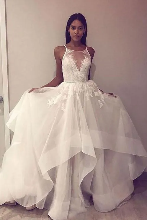 Ruffled 2019 Style Wedding Dress with Lace Illusion Bodice