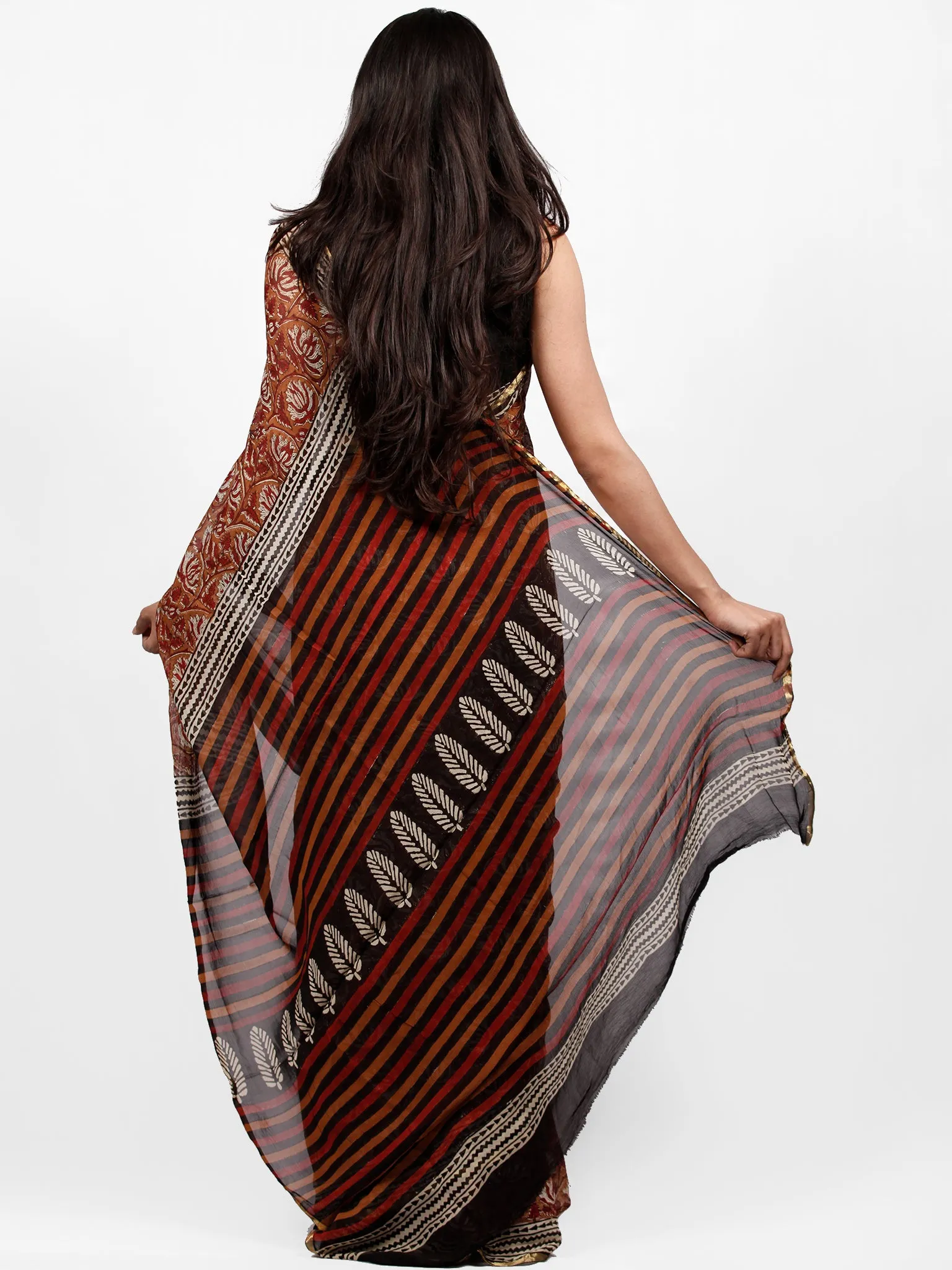 Rust Ivory Red Hand Block Printed Chiffon Saree with Zari Border - S031703251