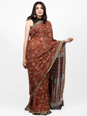 Rust Ivory Red Hand Block Printed Chiffon Saree with Zari Border - S031703251