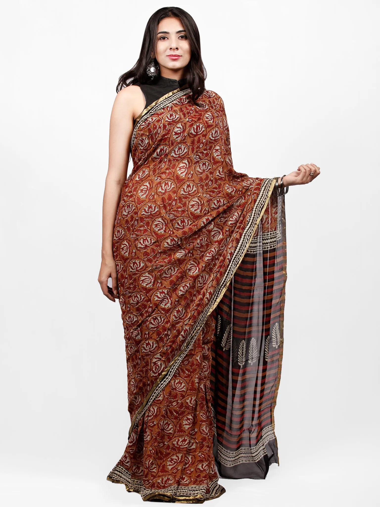 Rust Ivory Red Hand Block Printed Chiffon Saree with Zari Border - S031703251