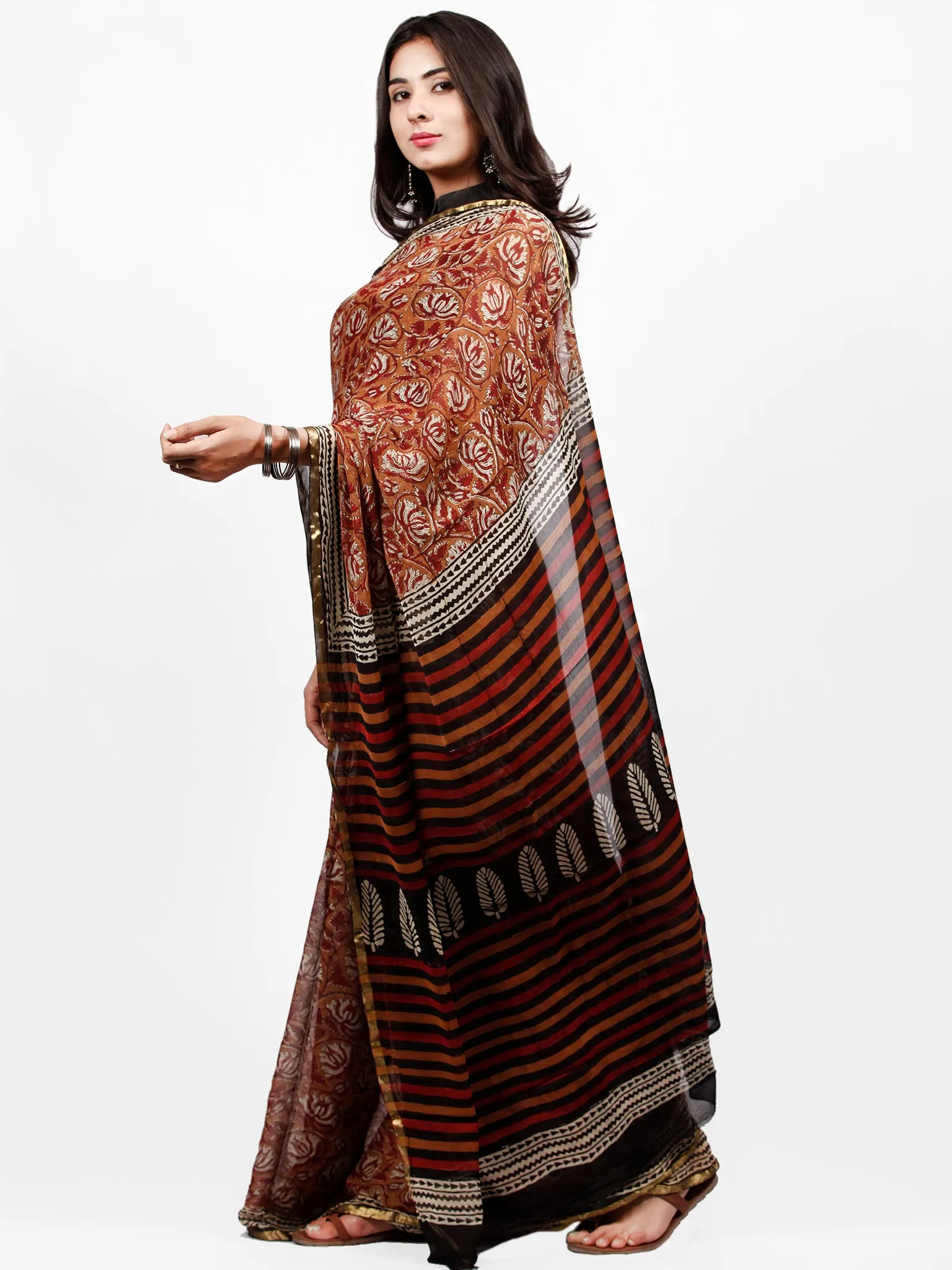 Rust Ivory Red Hand Block Printed Chiffon Saree with Zari Border - S031703251