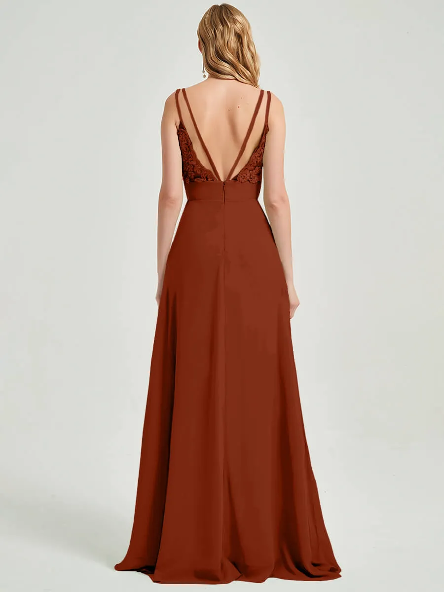 Rusty Red Spaghetti Strap V-Neck Slit Lace Chiffon Bridesmaid Dress