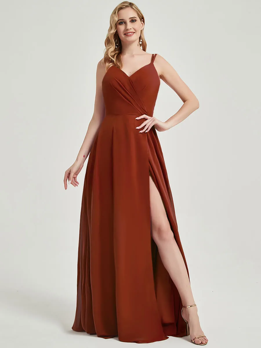 Rusty Red Spaghetti Strap V-Neck Slit Lace Chiffon Bridesmaid Dress