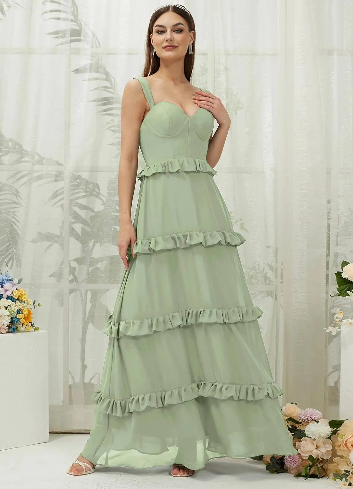 Sage Green Chiffon Sweetheart Straps Tiered Maxi Bridesmaid Dresses