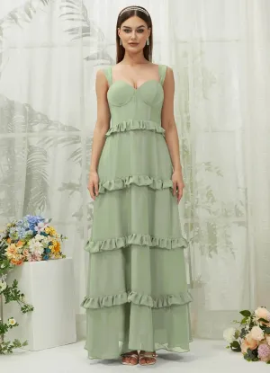 Sage Green Chiffon Sweetheart Straps Tiered Maxi Bridesmaid Dresses