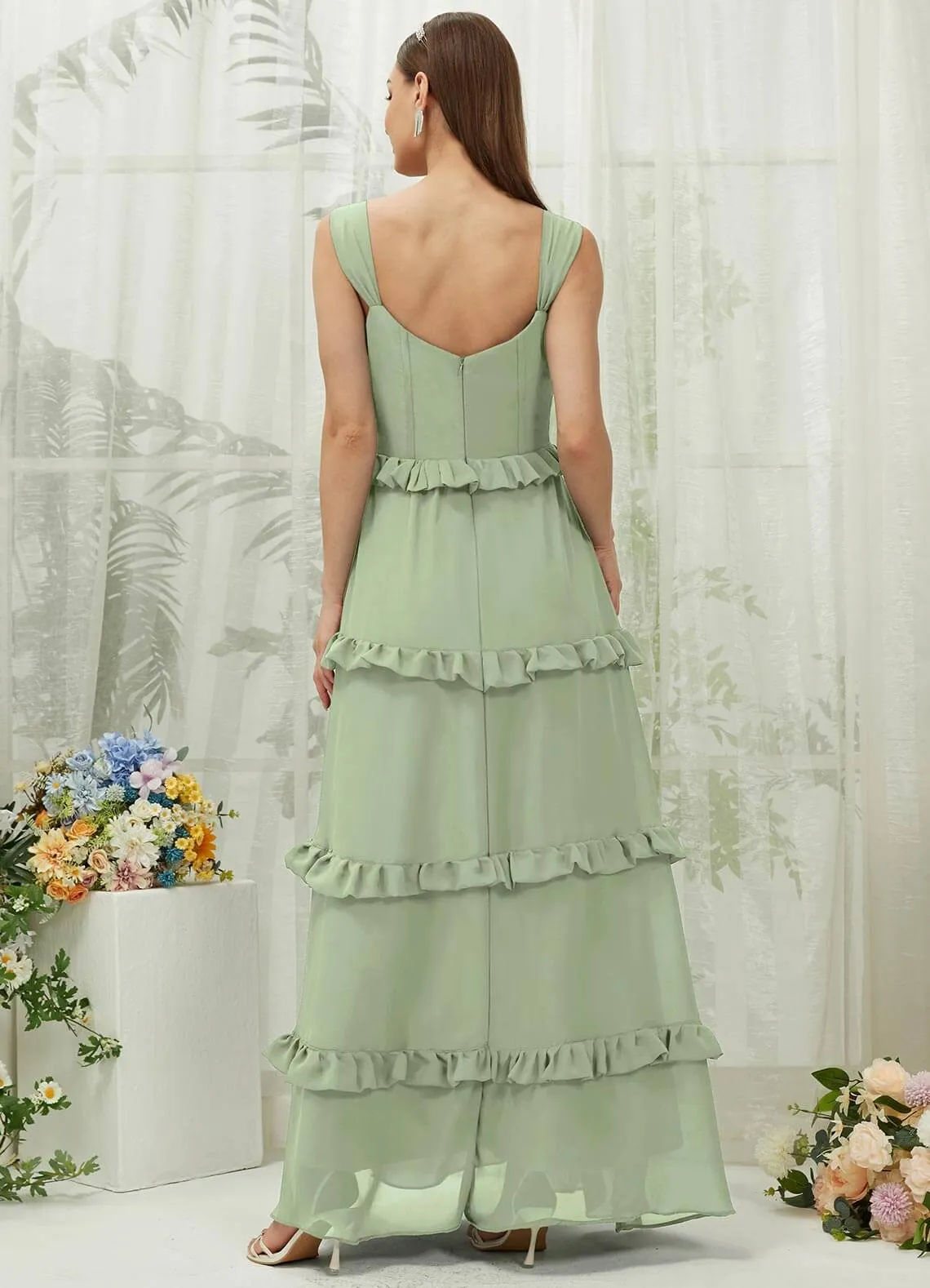 Sage Green Chiffon Sweetheart Straps Tiered Maxi Bridesmaid Dresses