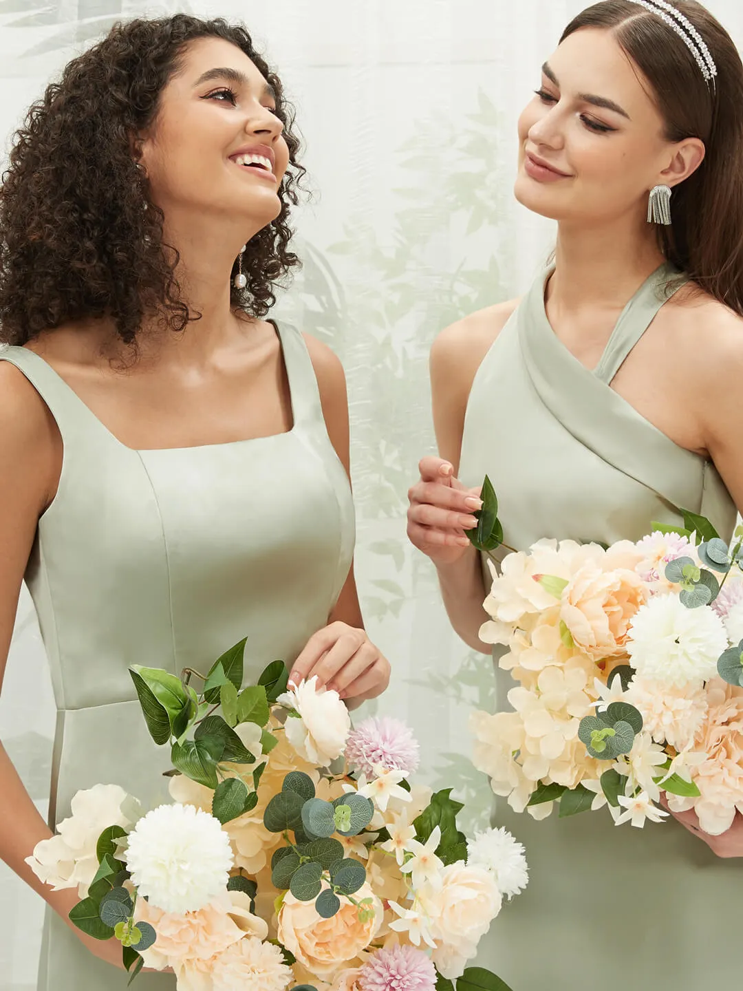Sage Green Silk Satin Square Neck Slit Tea Length Convertible Bridesmaid Dresses