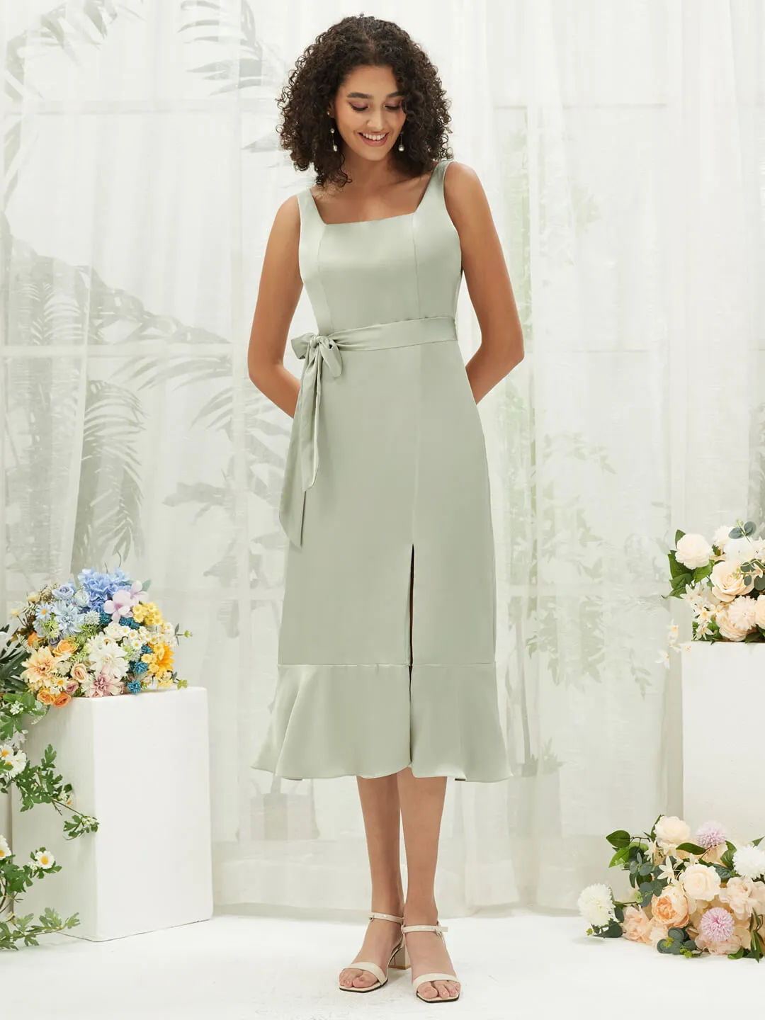 Sage Green Silk Satin Square Neck Slit Tea Length Convertible Bridesmaid Dresses