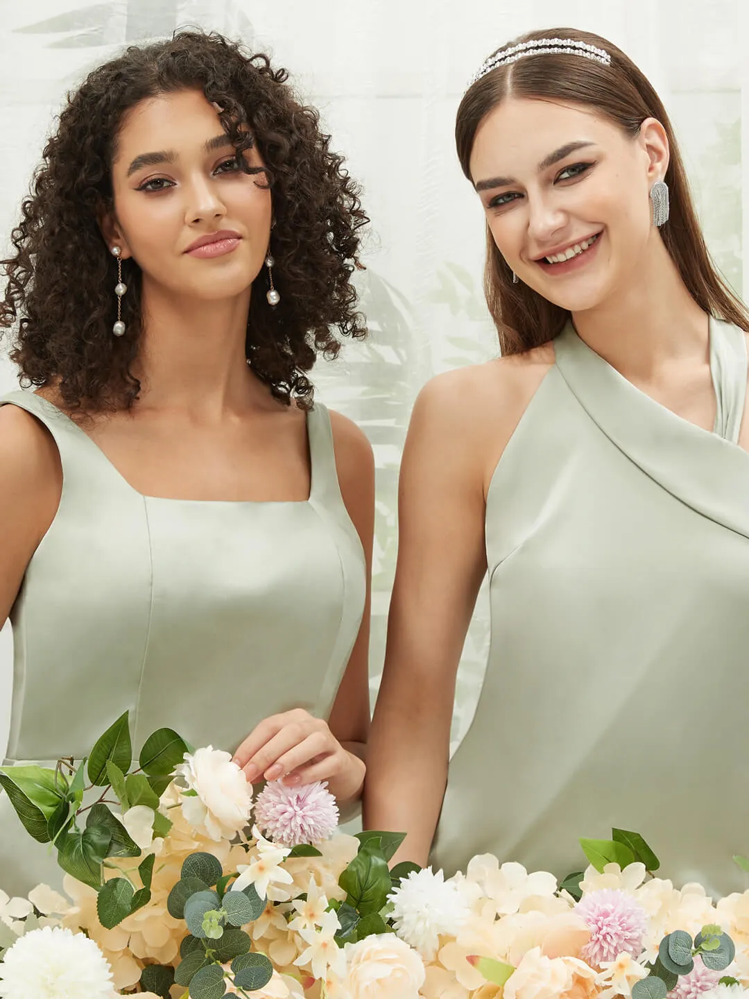 Sage Green Silk Satin Square Neck Slit Tea Length Convertible Bridesmaid Dresses