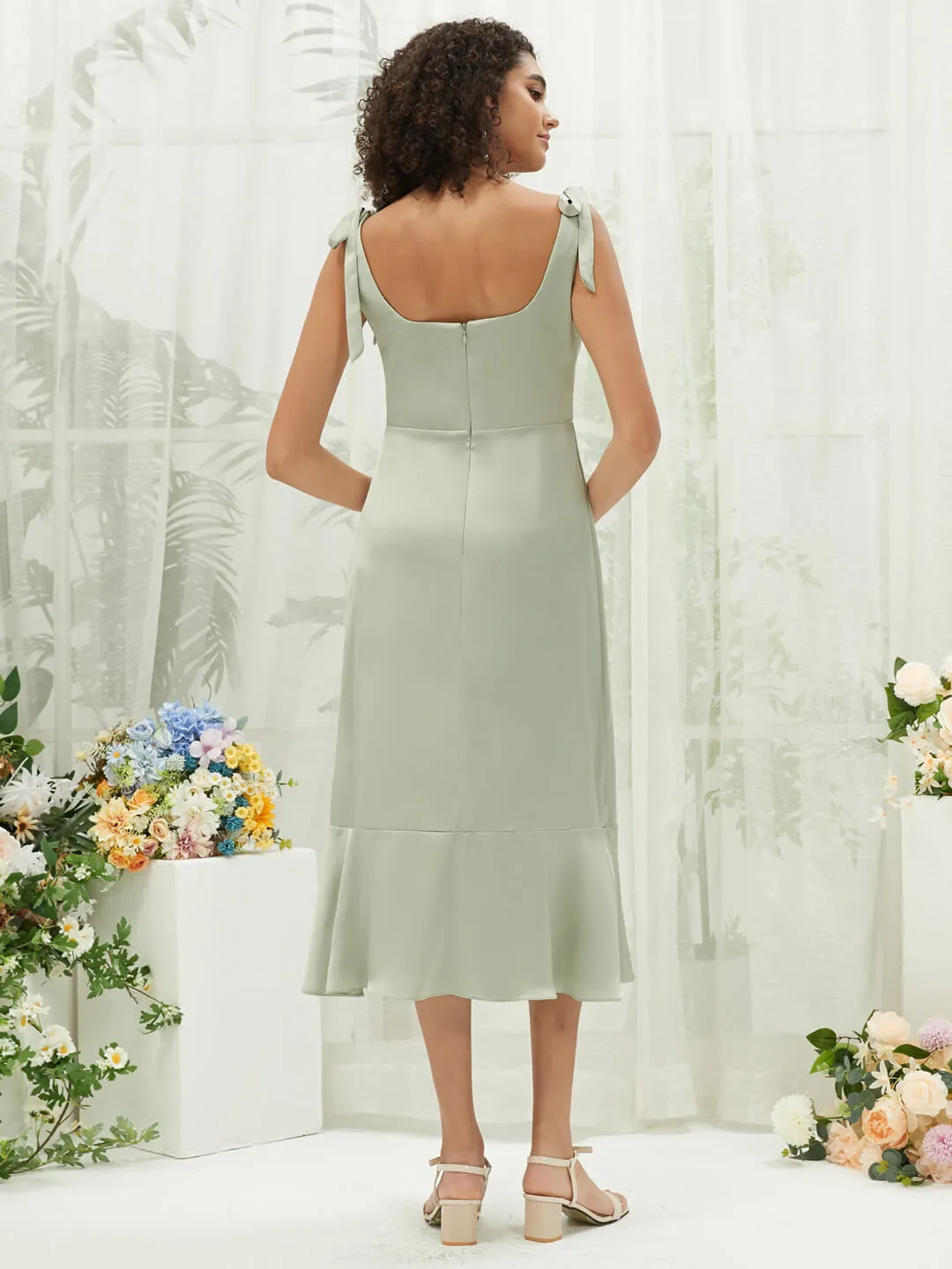 Sage Green Silk Satin Square Neck Slit Tea Length Convertible Bridesmaid Dresses
