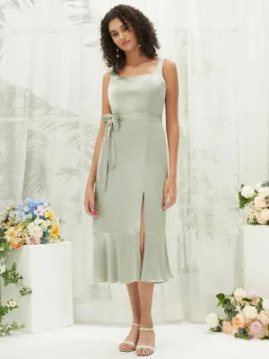 Sage Green Silk Satin Square Neck Slit Tea Length Convertible Bridesmaid Dresses