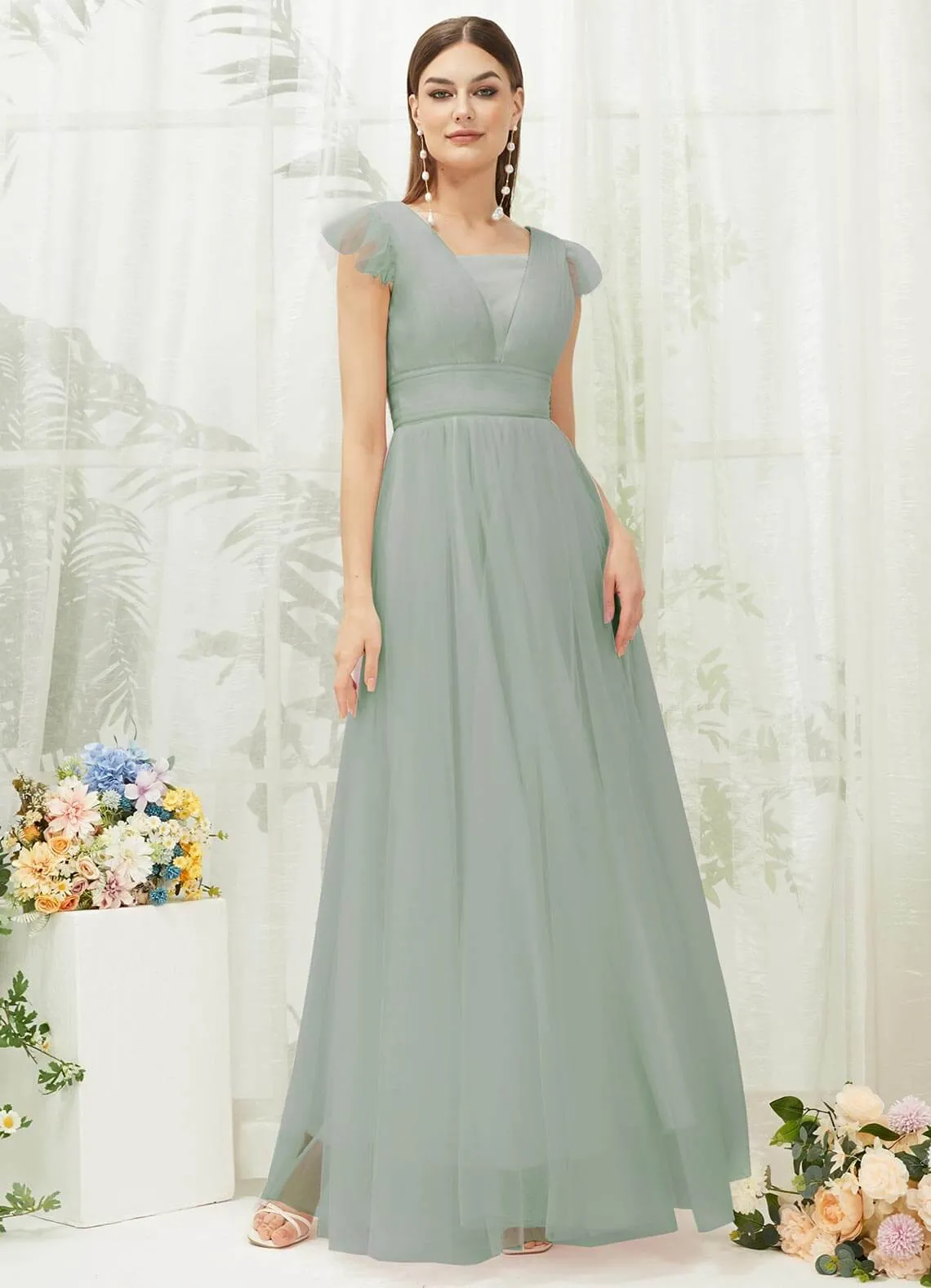 Sage Green Tulle Cap Sleeves Floor Length Flowy Bridesmaid Dresses