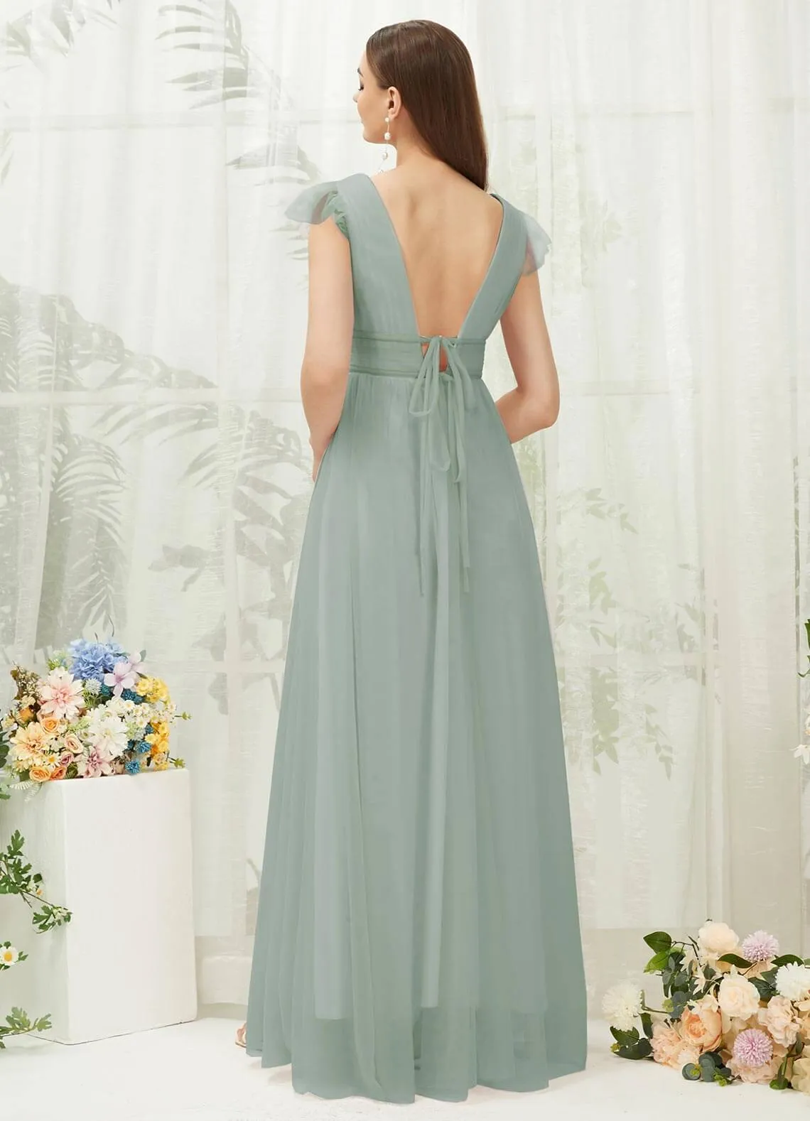 Sage Green Tulle Cap Sleeves Floor Length Flowy Bridesmaid Dresses