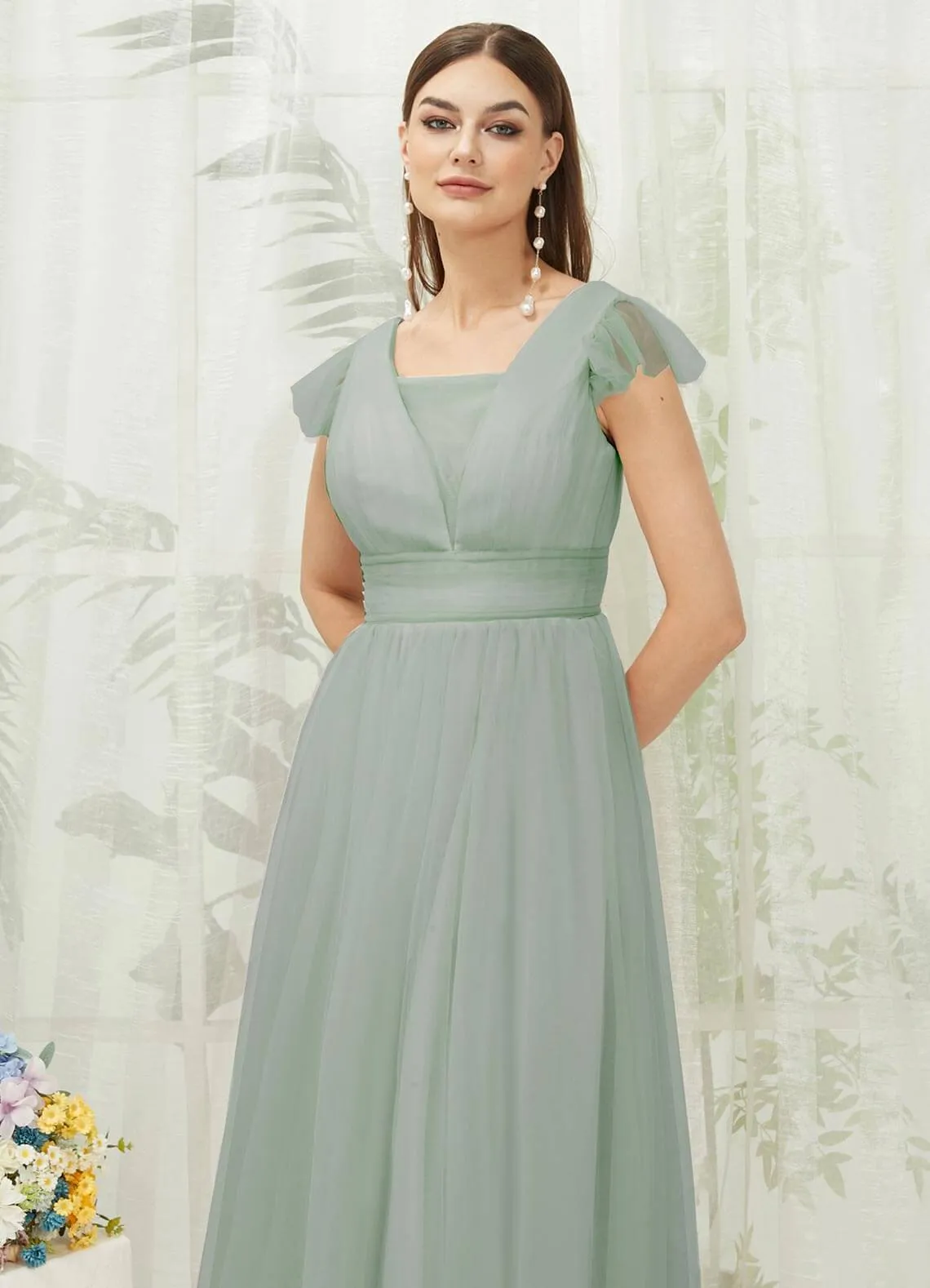 Sage Green Tulle Cap Sleeves Floor Length Flowy Bridesmaid Dresses