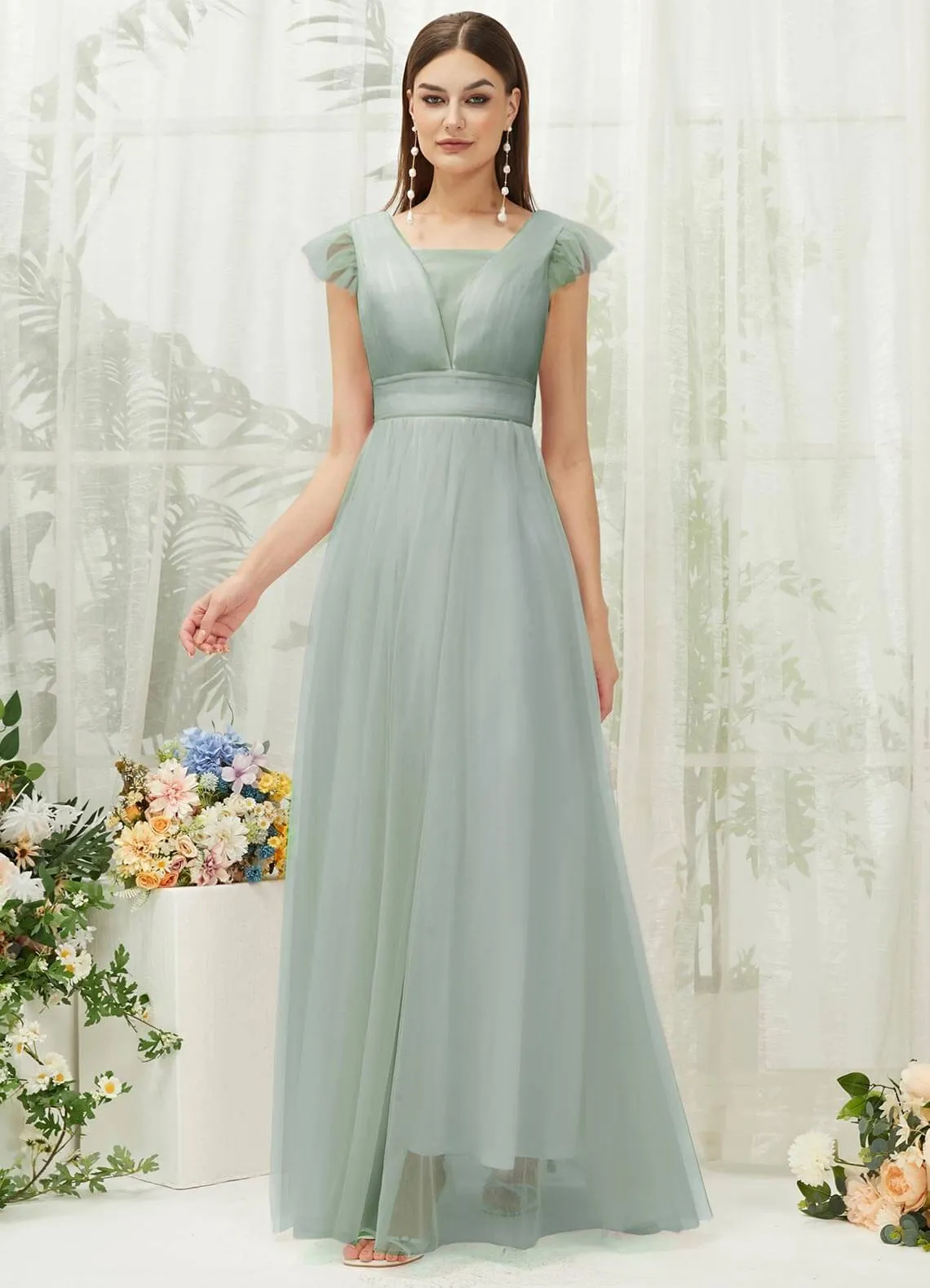 Sage Green Tulle Cap Sleeves Floor Length Flowy Bridesmaid Dresses
