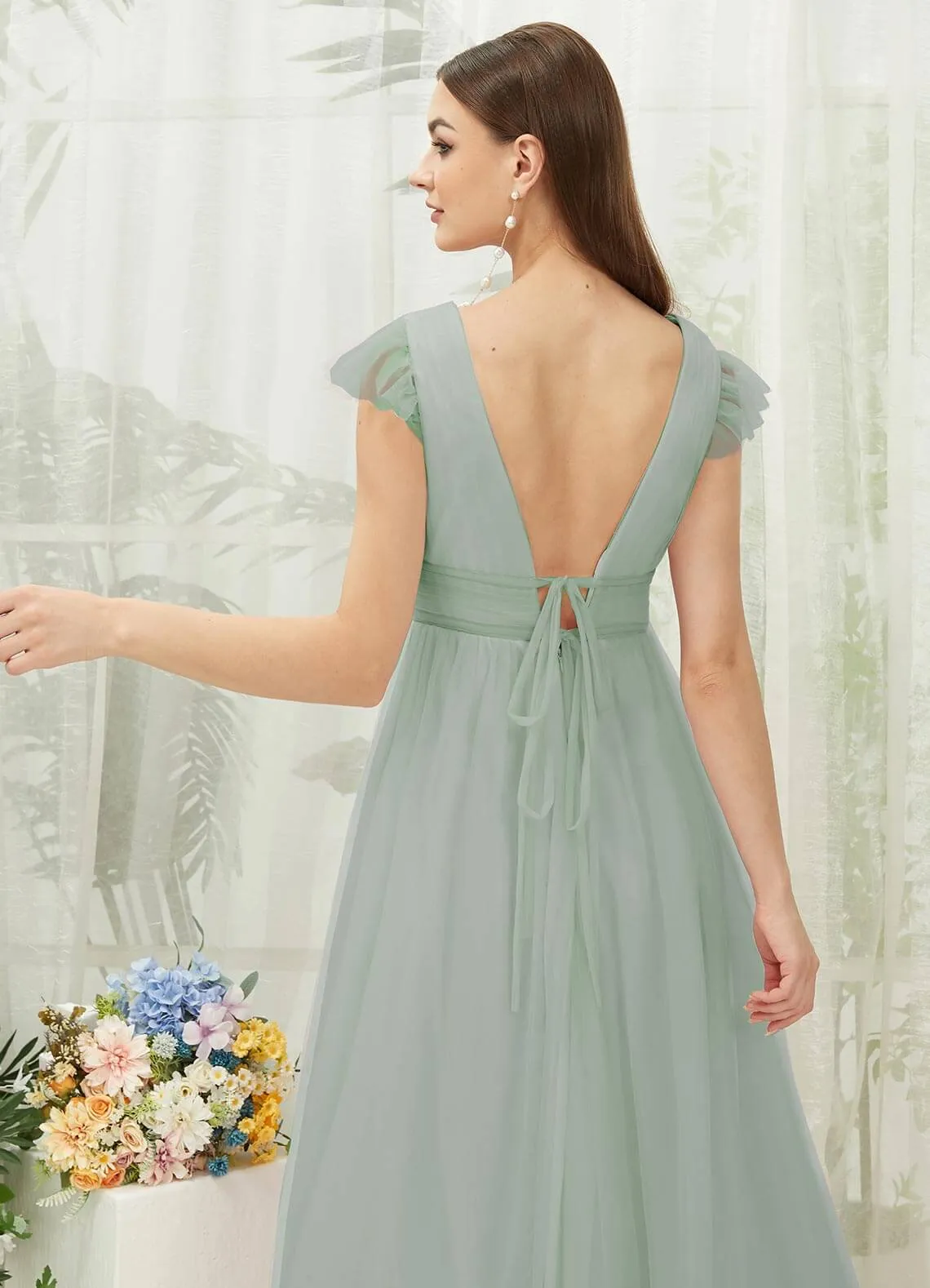 Sage Green Tulle Cap Sleeves Floor Length Flowy Bridesmaid Dresses