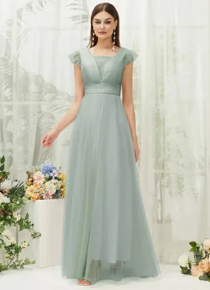 Sage Green Tulle Cap Sleeves Floor Length Flowy Bridesmaid Dresses