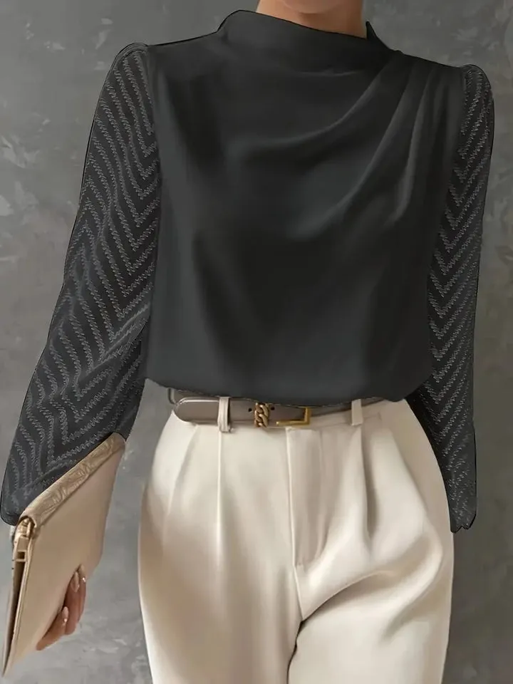 Samanta® | Blouse With Illusion Sleeves And Ruched Mocha Neckline
