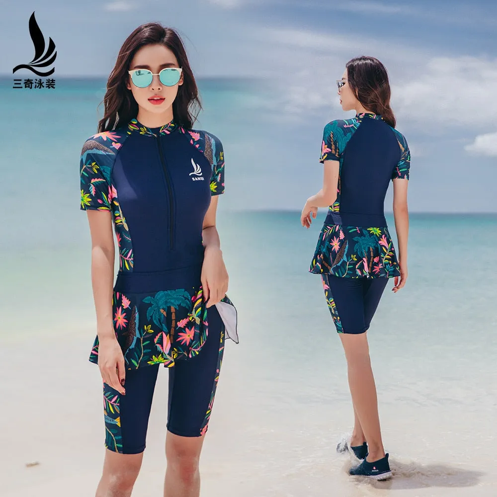 SANQi swimwear female Siamese skirt type boxer shorts Conservative show thin sports big code hot spring swimsuit bathing suit