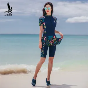 SANQi swimwear female Siamese skirt type boxer shorts Conservative show thin sports big code hot spring swimsuit bathing suit